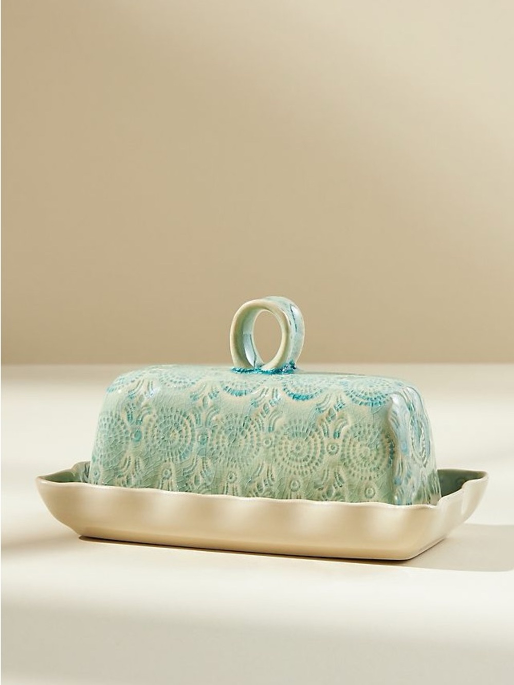 Anthropologie Old Havana Portuguese Stoneware Butter Dish Mint